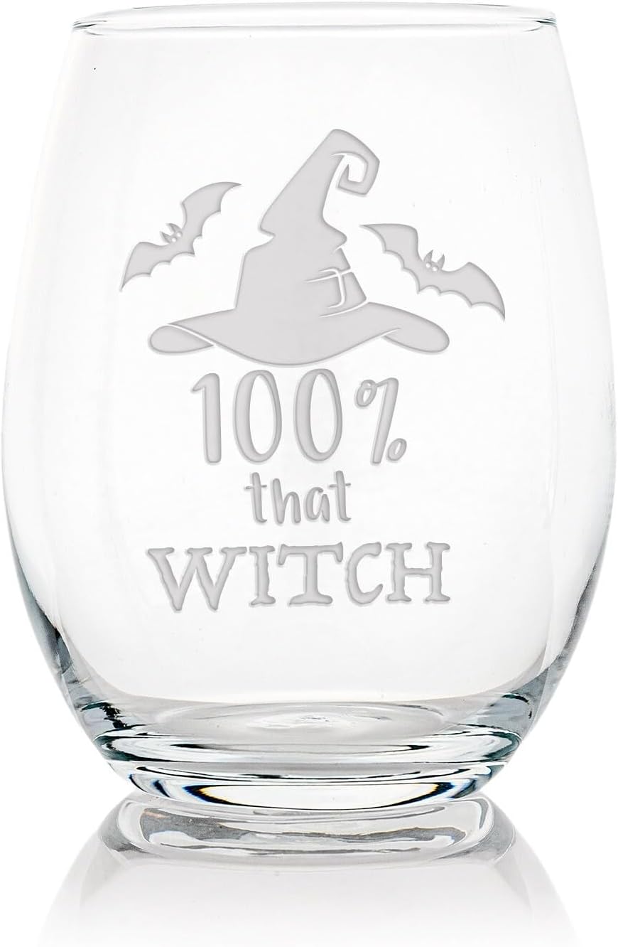 100 Percent That Witch Stemless Wine Glass - Funny Halloween Gift for Spooky Season or Lizzo Fans - 2 Glasses