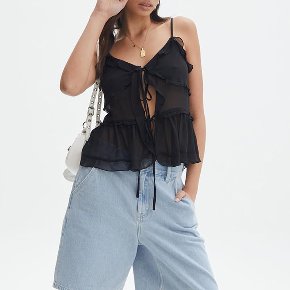 Women's Ruffle Camisole Tank Top Spaghetti Strap Sheer Mesh