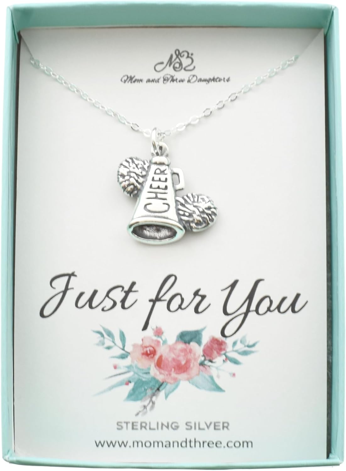 MOM & THREE DAUGHTERS Cheerleading Megaphone and POM POM Necklace in Sterling Silver | Gift for Cheerleader Cheer Coach. Cheer Squad | 18" Chain