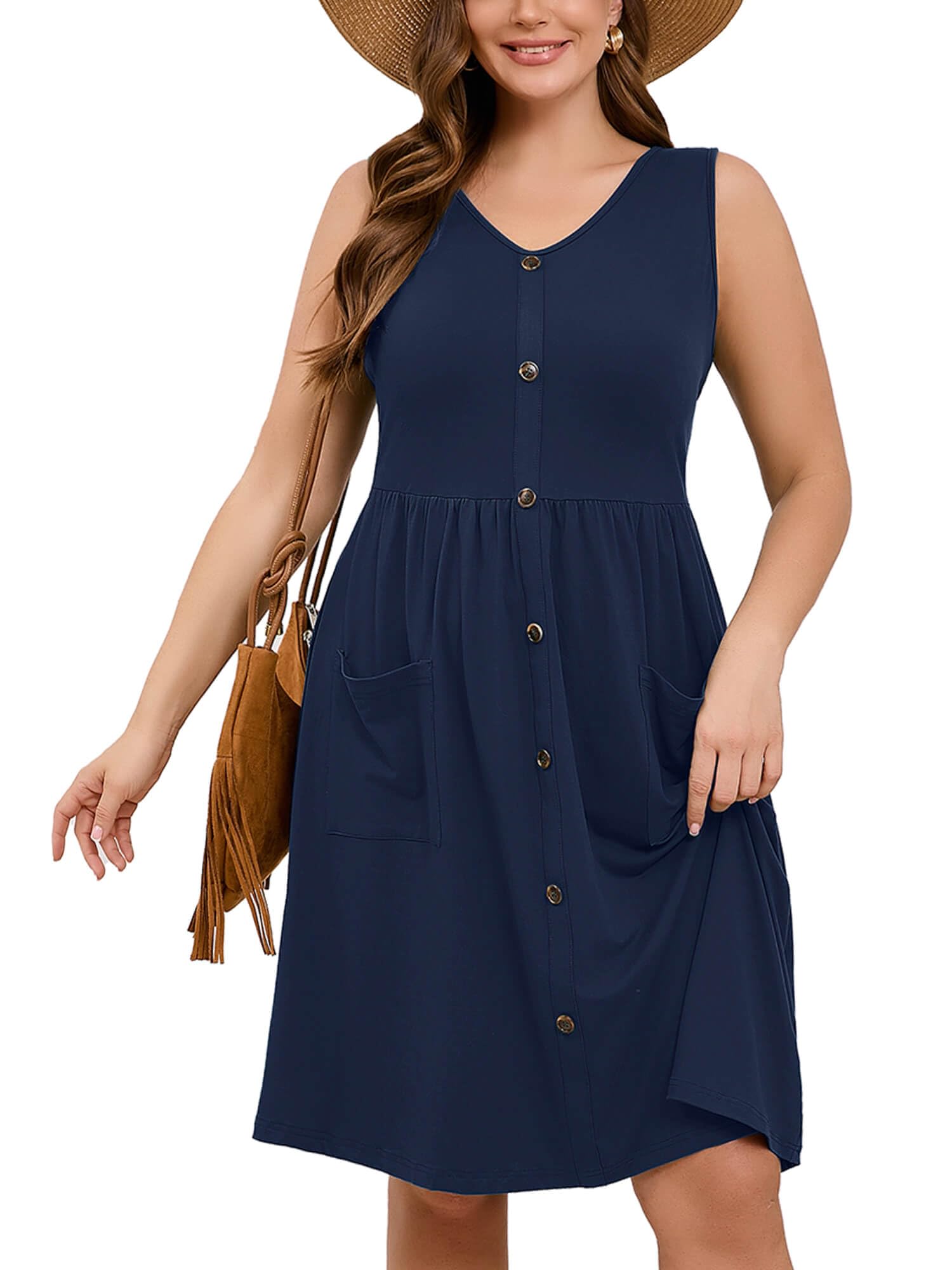 AusLook Plus Size Women Summer Dresses Sleeveless Casual Loose Swing Button Down Midi Dress with Pockets 1X-5X
