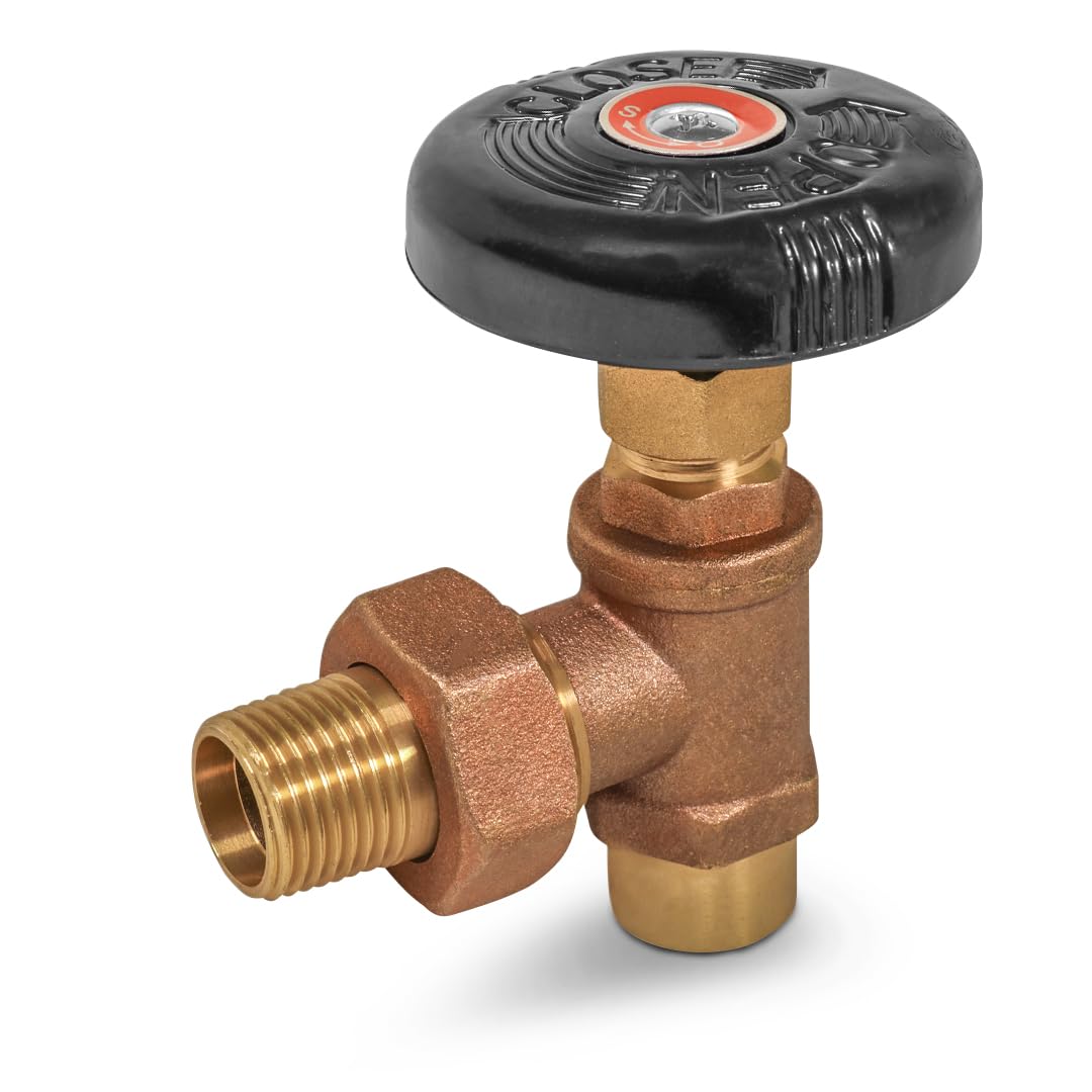 Hot Water Angle Radiator Valve 1 in. FIP x Male Union Heavy Duty Brass Angle Radiator Valve with Molded Thermal Plastic Handle