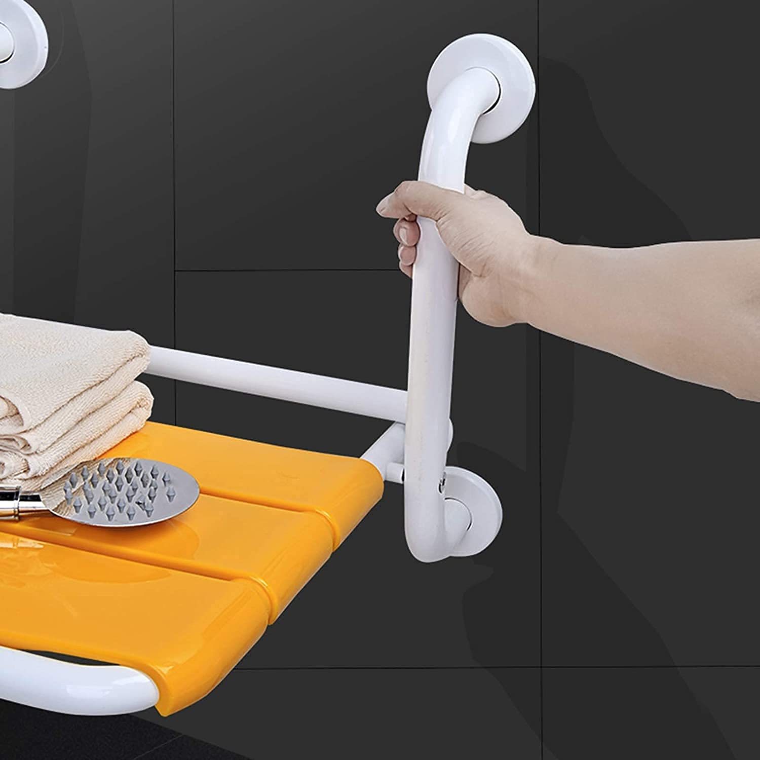 Maniglione di Sicurezza Pieghevole per Bagno, in Acciaio Inox, Antiscivolo E Anticaduta, Ausilio per La Vita Quotidiana, Ausilio per La Mobilità per Disabili, Bianco, 42,Yellow-42X35X44Cm