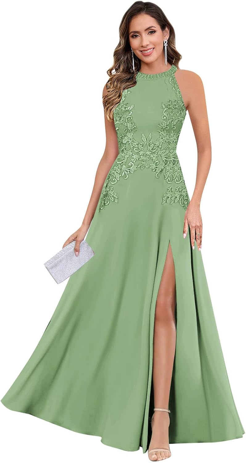 GUKARLEED Halter Lace Appliques Mother of The Bride Dresses for Women Long A-line Formal Wedding Guest Dress with Slit - Image 5