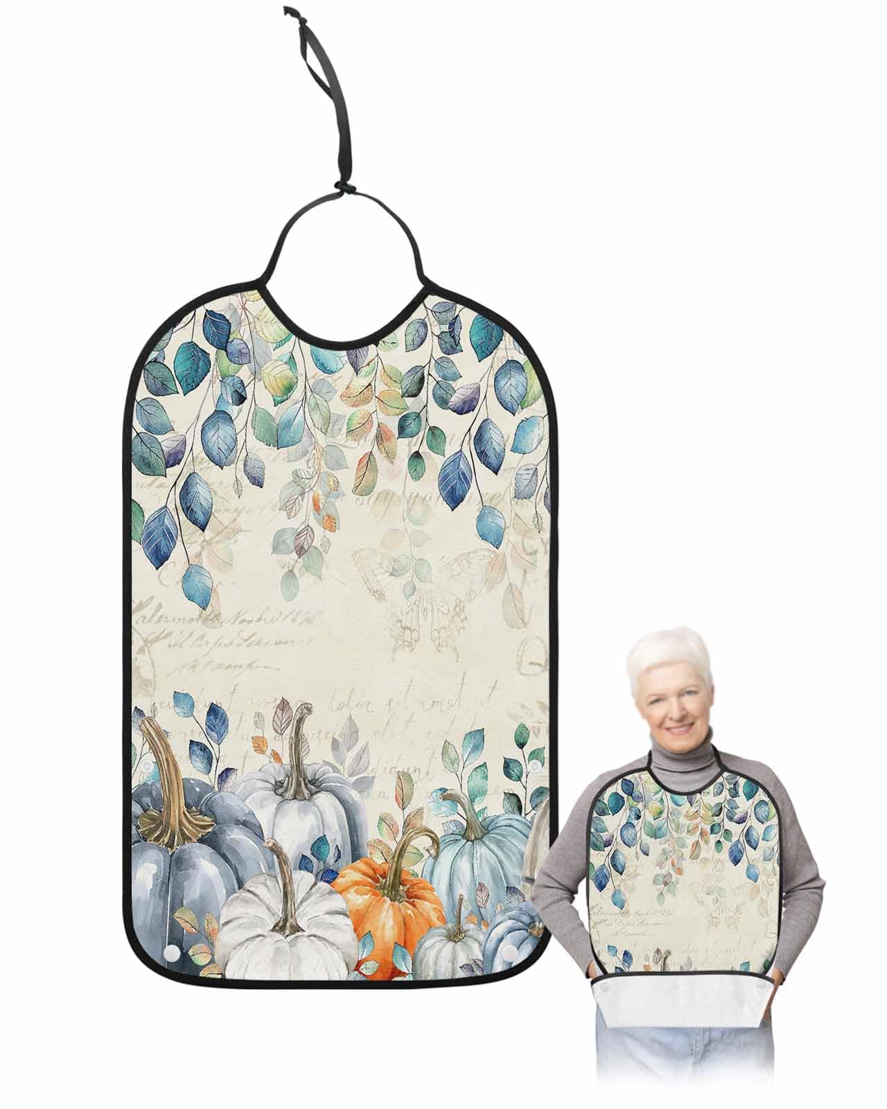 LEOKOTI Vintage Blue Fall Adult Bibs for Eating, Waterproof Bibs with Food Catcher & Adjustable Snap Closure, Thanksgiving Pumpkins Maple Leaf Washable Clothing Protectors Adult Bibs for Elderly