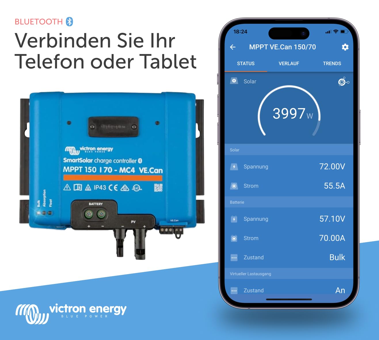 Victron Energy SmartSolar MPPT MC4 VE.Can 150V 70 Amp 12/24/36/48-Volt Solar Laderegler (Bluetooth)