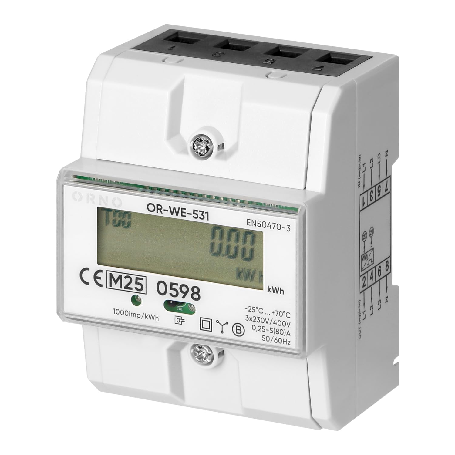 x Orno trójfazowy licznik energii | 80 A | zgodny ze standardem MID | 4,3 modułu | szyna DIN TH-35 mm