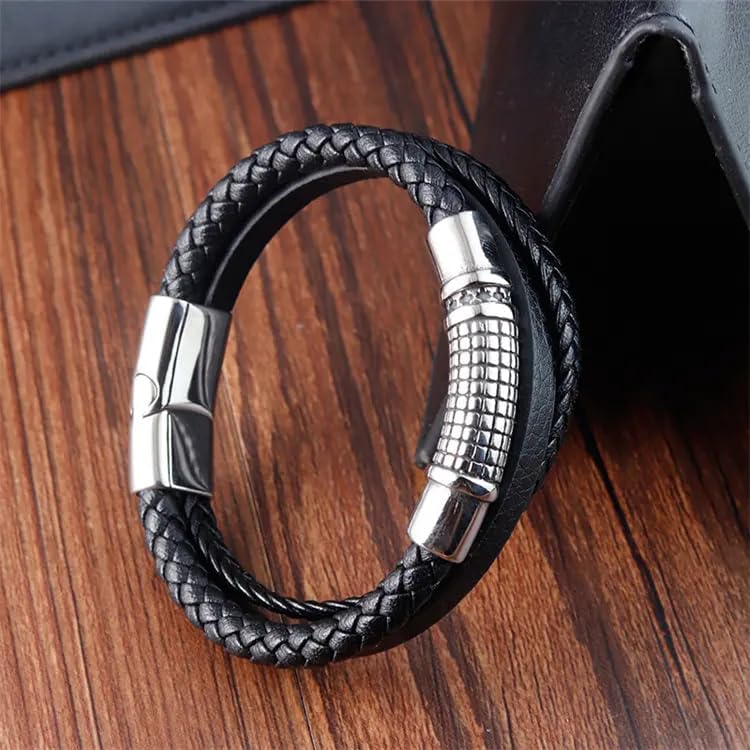 Image of THE MEN THING Leather Bracelet for Men - American Style Genuine Leather Multi-Layer Braided Bracelet with 100% Stainless Steel Magnetic Buckle for Men & Boys (8 inch)