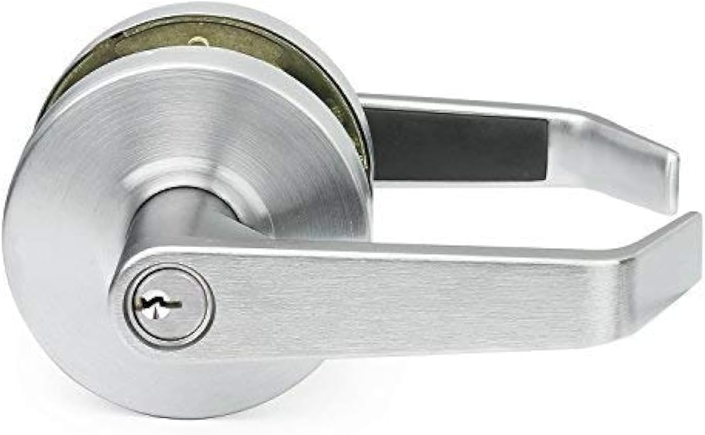 Lawrence Commercial Lever Door Lock - Heavy Duty Locking Commercial Door Handle Keyed Entry, Grade 2 Door Handle with Lock and Key - Brushed Chrome, Storeroom Function Embassy Series