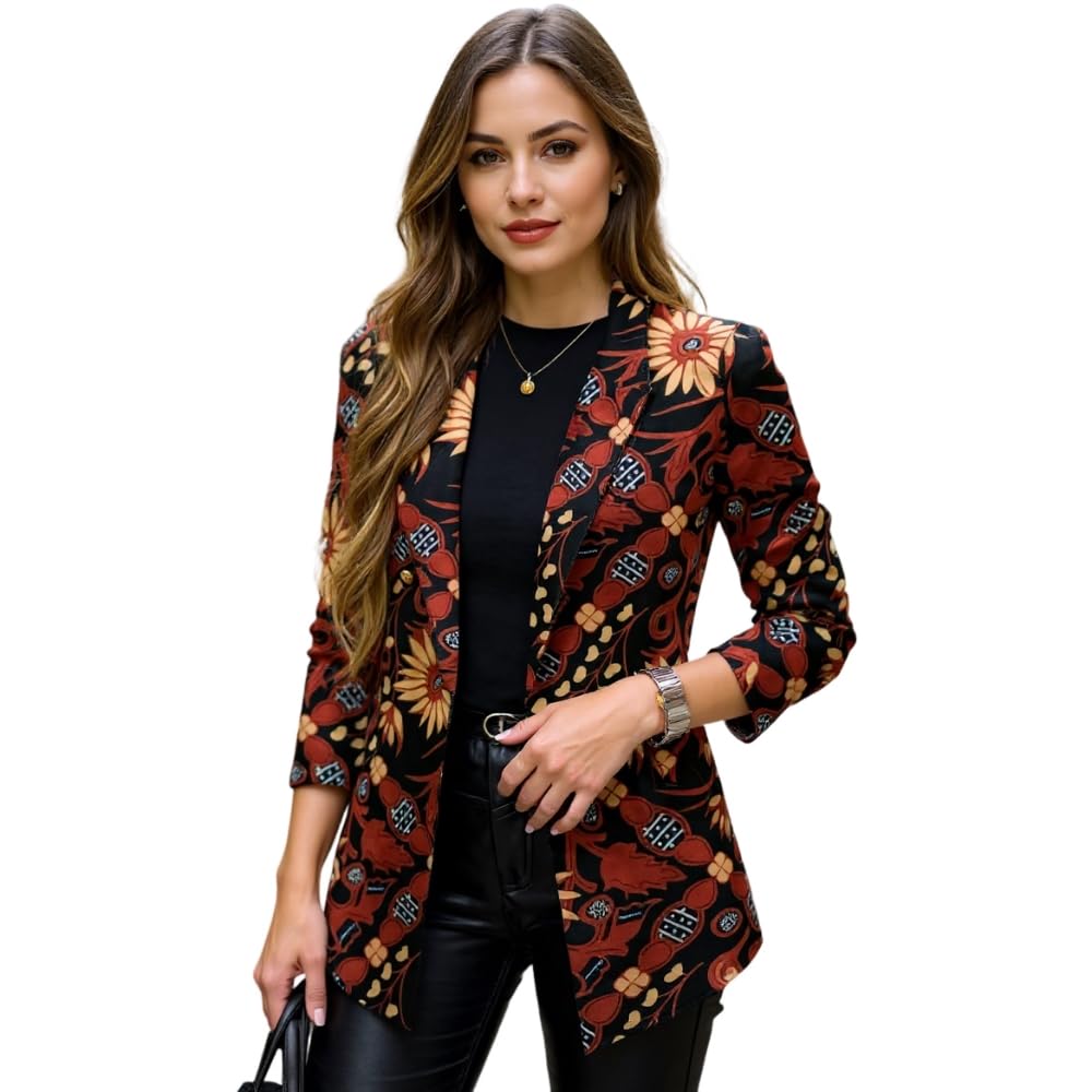 Womens Spring Fall Print Floral Front Button Down Blazer Casual Work Business V-Neck Long Sleeve Coat for Women