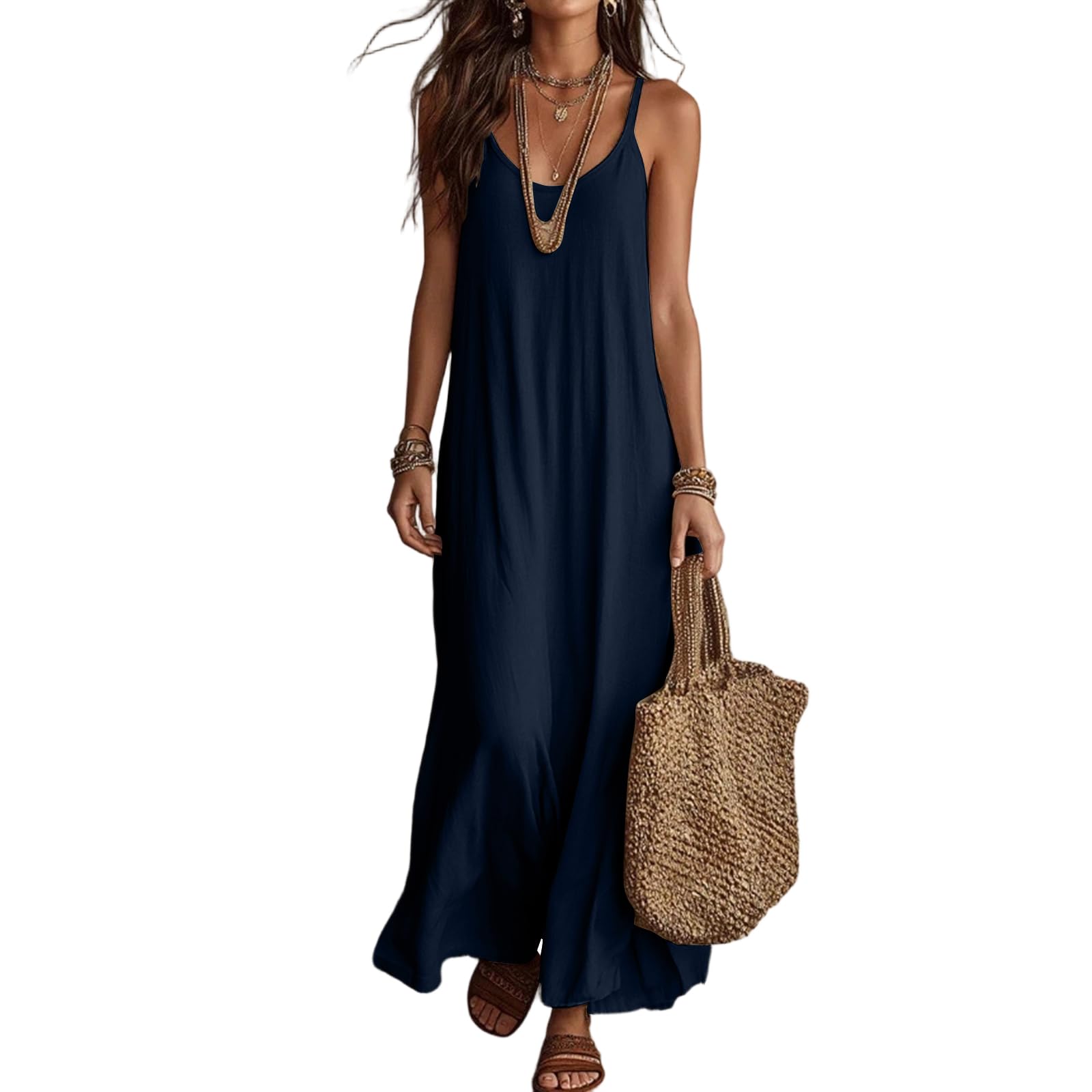 Sommerkleid Damen Ärmelloses Cami-Kleid Strandkleid Damen Boho Swing Ärmellos Lang Maxi Lässig Für Urlaub Strand Haus Einfarbig Locker Spaghettiträger Kelid