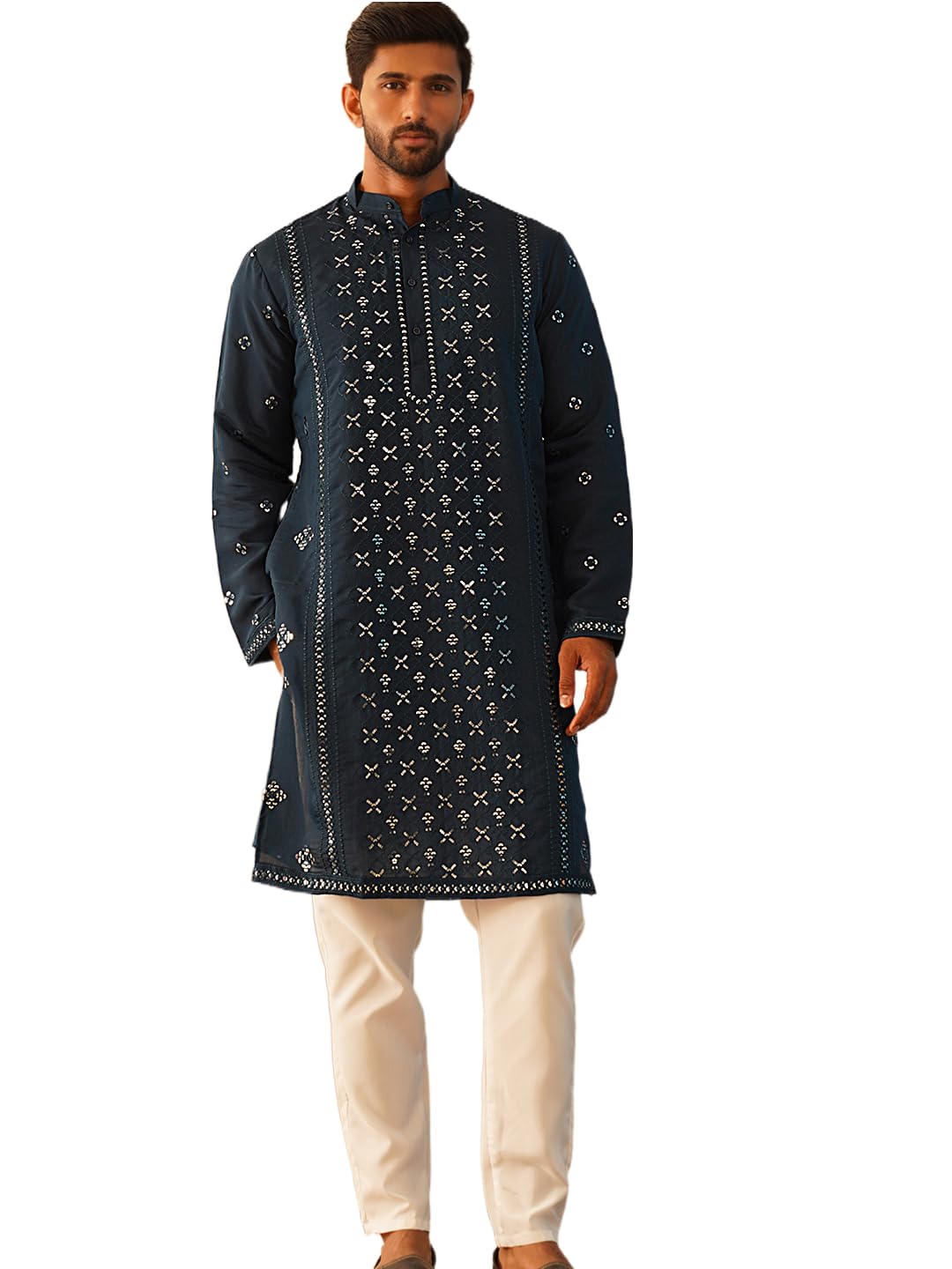 jompers Men's Embroidered & Sequin Cotton Blend Kurta Pyjama Sets.-picture-33
