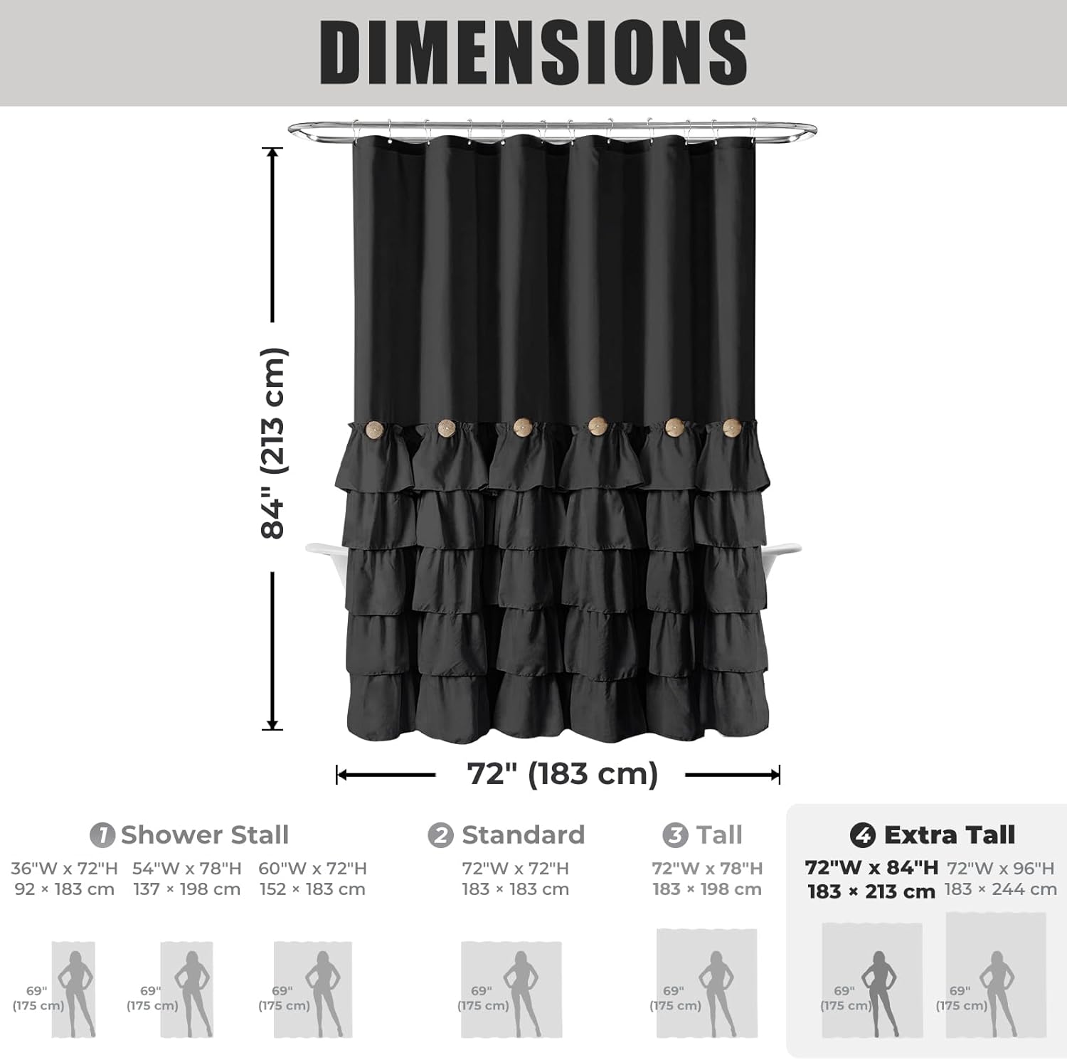 Seasonwood Extra Long Black Ruffle Shower Curtain 84 inch Shower Curtain Black Fabric Shower Curtains Nature Button Shabby Chic Ruffles and French Country Style 72 x 84 Shower Curtains