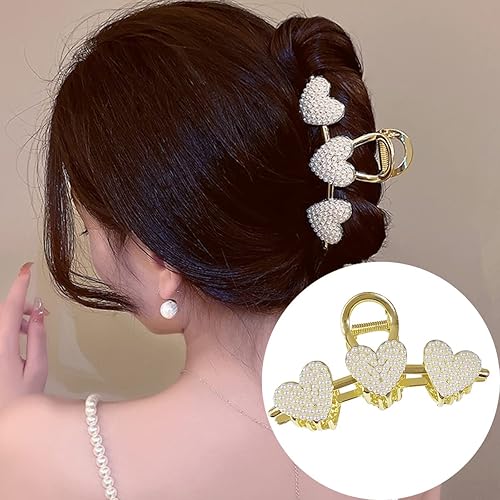 Pinza para el cabello con forma de corazón con perlas pinza de metal grande antideslizante para el cabello grueso roscado pinzas de garra dorada