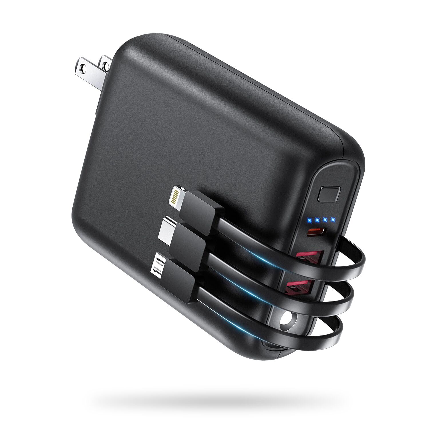 モバイルバッテリー 軽量 コンセント一体型 3本ケーブル内蔵 22.5W/PD20W急速充電 Type-C入出力