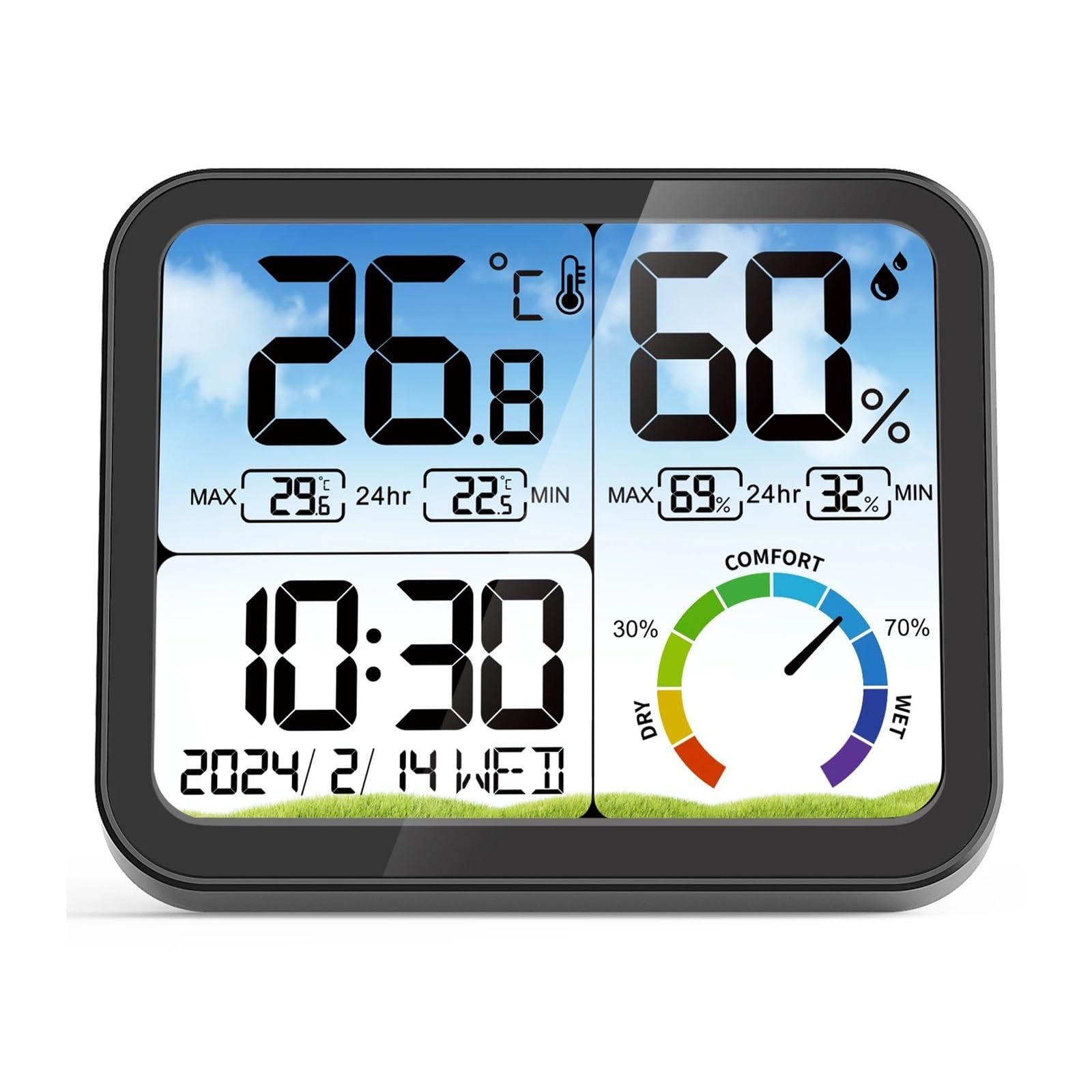 Miernik temperatury i wilgotności LCD ze wskaźnikiem temperatury, ładowaniem przez USB, funkcją daty/zegara, termometrem wewnętrznym, stacją pogodową Prognoza pogody
