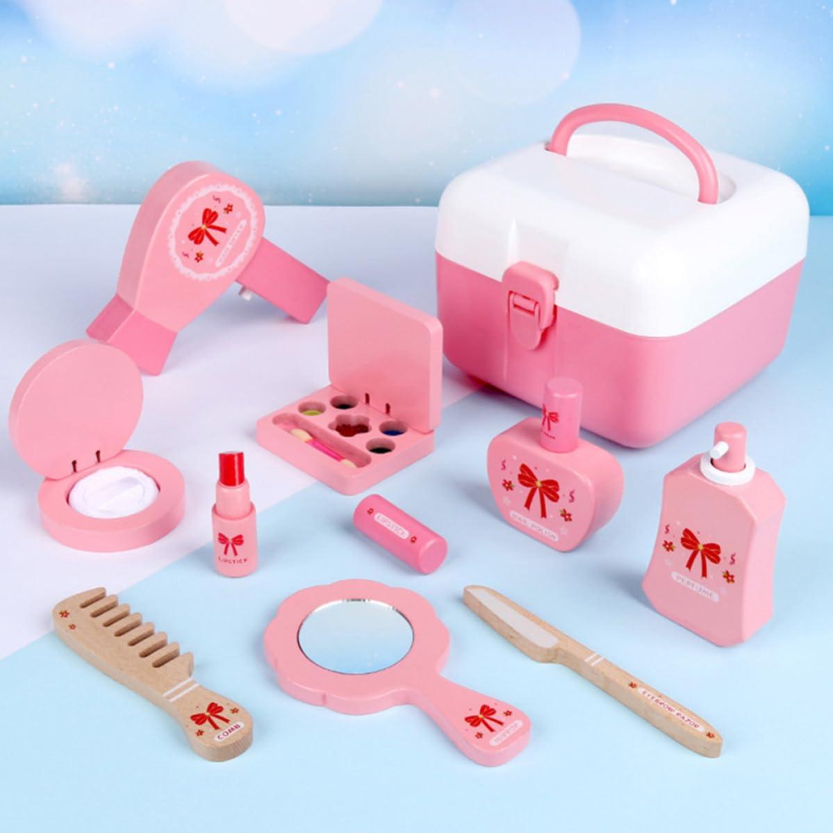 TEHAUX Giocattolo Trucco in Legno e Plastica, Kit Cosmetico Rosa per Sviluppare Coordinazione Occhio-mano e Sensibilità ai Colori, per Gioco Domestico e Compleanni