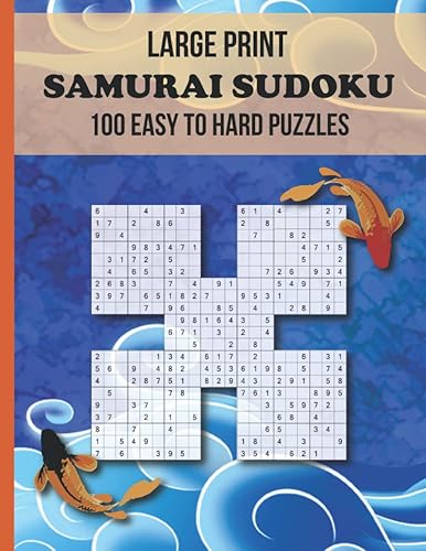 Large Print Samurai Sudoku Puzzles 100 Easy Medium Hard Sudoku Puzzles for Adults & Kids 5-in-1 Overlapping Style Sudoku Puzzle Japanese Koi Water