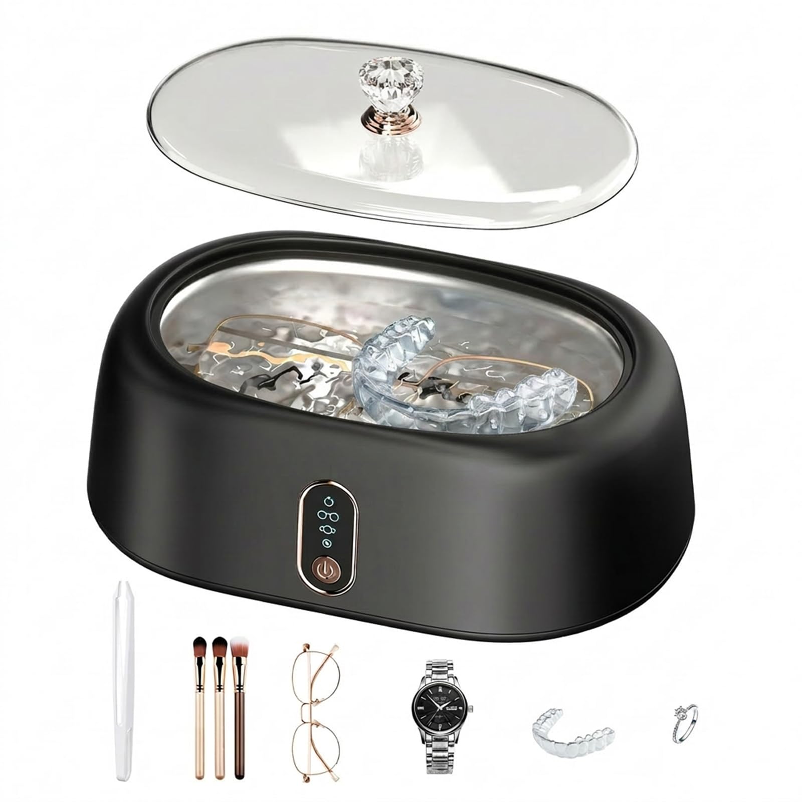 Ultrasonic Jewelry Cleaner, 45KHz Professional Cleaning Machine for Rings, Eyeglasses, Necklaces, Watch Strap, Dentures, 4 Timer Modes, 17oz(500ML), 304 Stainless Steel Water Tank- Black-image-4