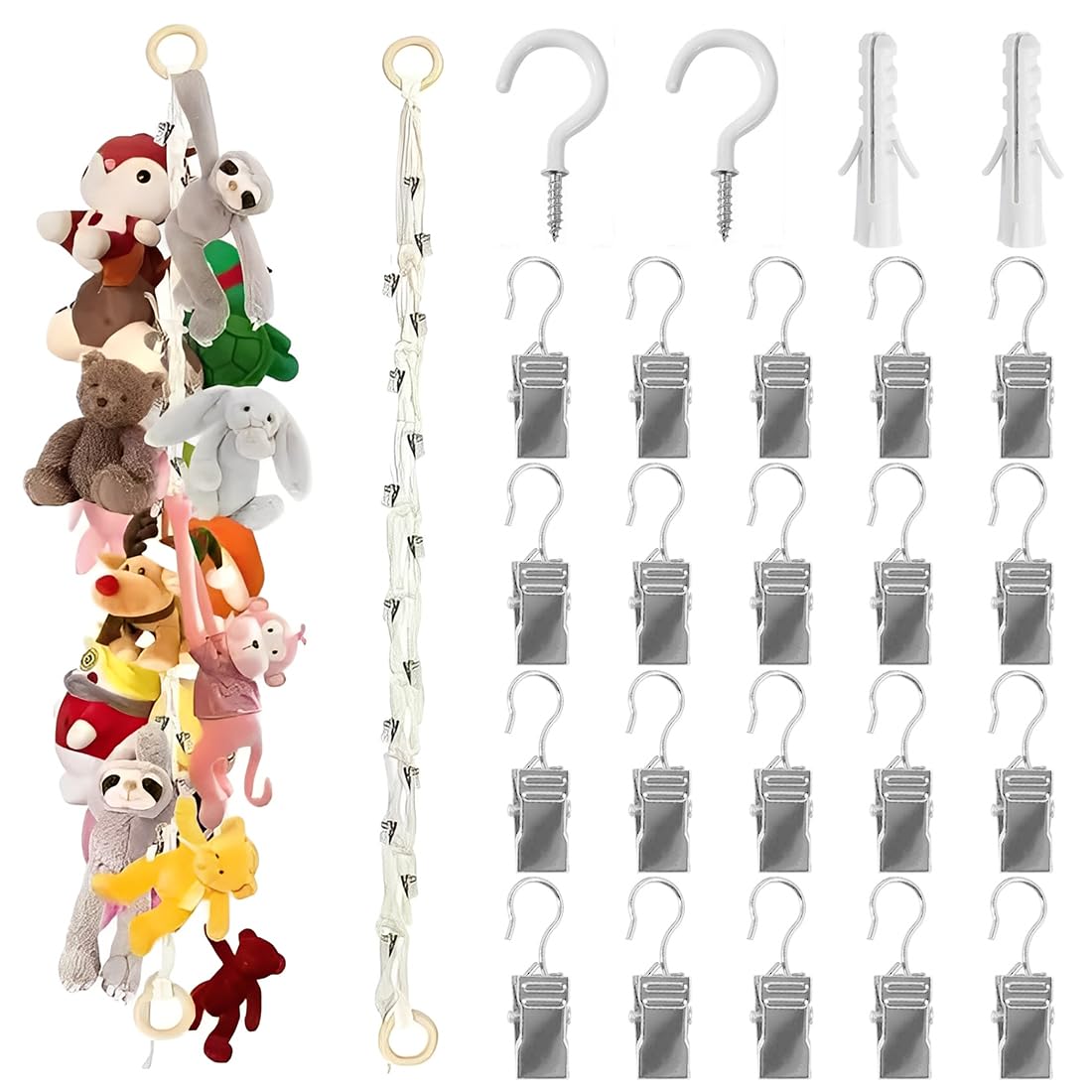 2M Porta Peluche da Appendere, Supporto per Animali di Peluche da Appendere, Porta Peluches Salvaspazio, Con 20 Clip in Metallo per la cameretta dei bambini