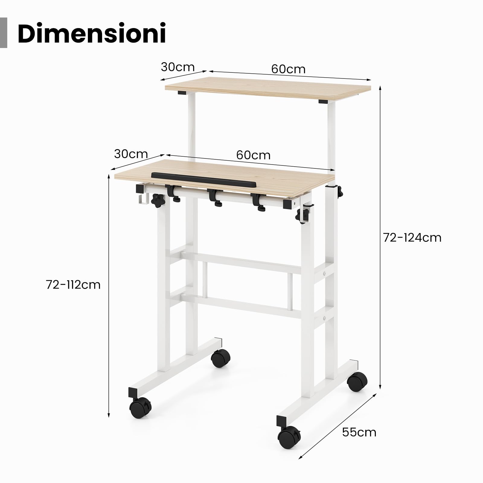 COSTWAY Scrivania per Computer Regolabile in Altezza, Postazione di Lavoro per Computer con Ruote e Ganci, Tavolo Porta PC per Studio e Ufficio, 60 x 60 x 72-124 cm (Naturale)