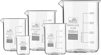 Bello Borosilicate 3.3 Glass Beaker 10 ml, 50 ml, 100 ml, 250 ml, 500 ml with Graduation Marks, Set of 5 Beakers for school collage chemistry lab laboratory