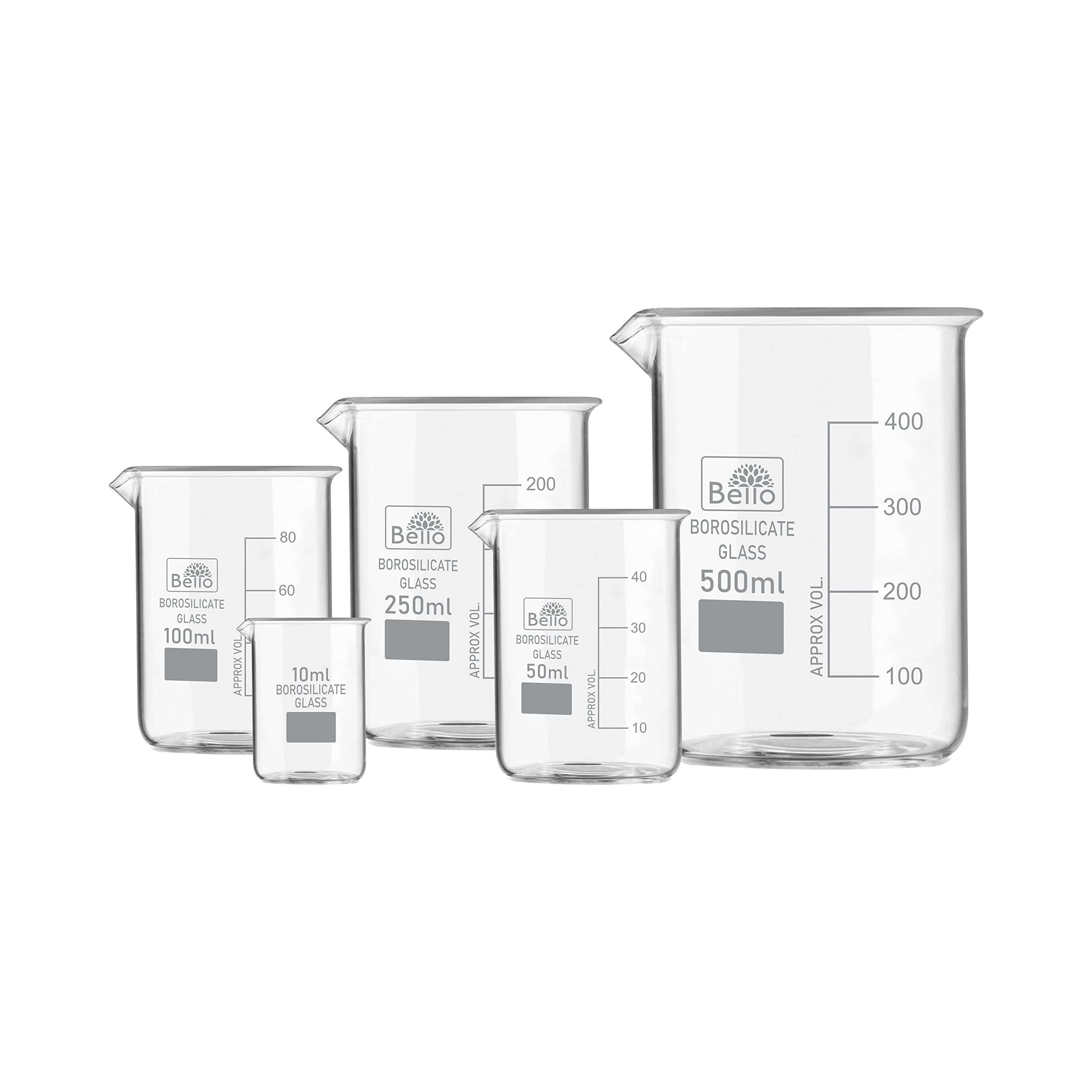 Bello Borosilicate 3.3 Glass Beaker 10 ml, 50 ml, 100 ml, 250 ml, 500 ml with Graduation Marks, Set of 5 Beakers for school collage chemistry lab laboratory