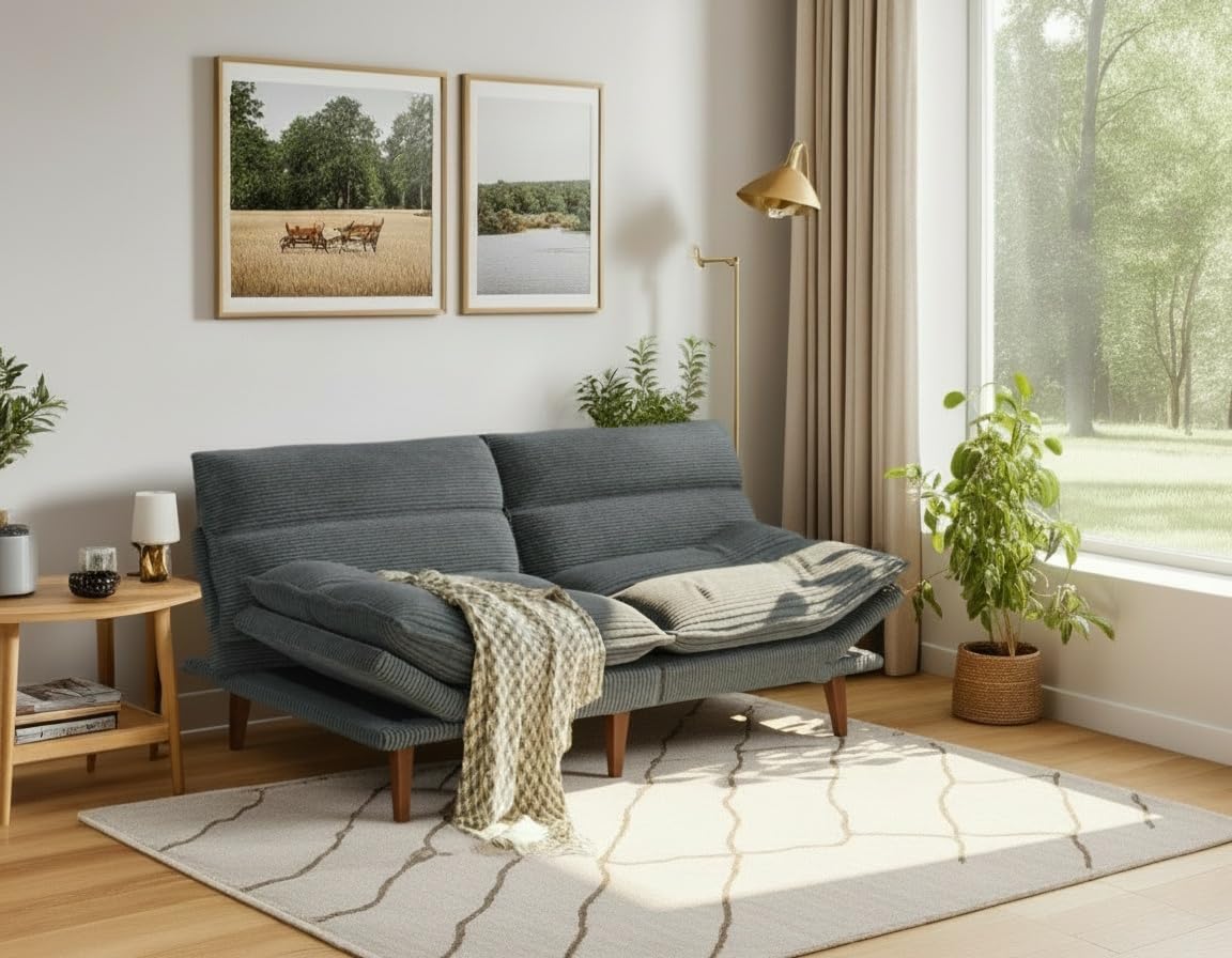 Amada Convertible Futon Sofa Bed - Corduroy Loveseat with Adjustable Backrest &amp; Armrests, Thickened Seat Cushion, Small Space Sleeper Couch for Apartment, Study Room &amp; Office（Gray，66 Inch ）