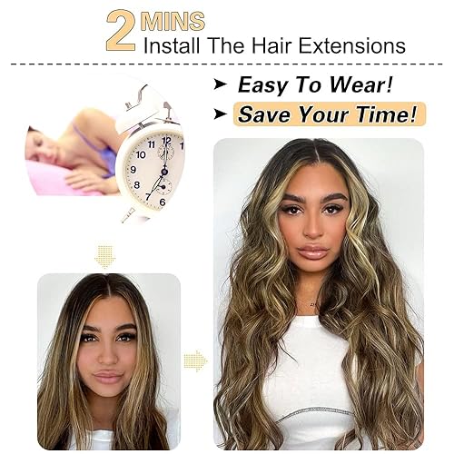 Miniatura 4 de Extensión de cabello para mujer, con clips, 4 unidades, largo, marrón, rubio, ondulado, pelo sintético de 20 pulgadas de grosor para mujeres y niñas