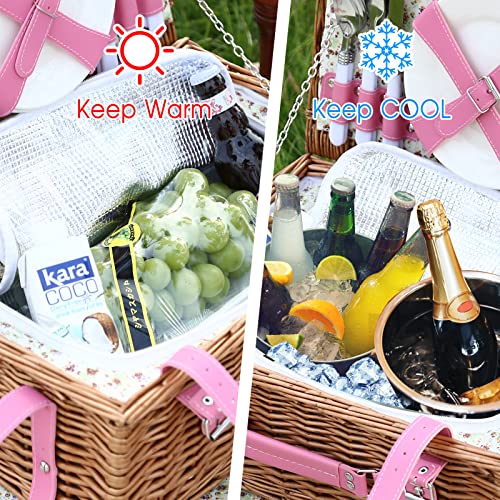 Hybdamai Willow Picnic Basket Set For 4 Persons With Waterproof Picnic Blanket, Large Wicker Picnic Basket For Camping, Outdoors, Valentine's Day, Christmas, Thanksgiving, Birthday (Rose Flower) #TOP4