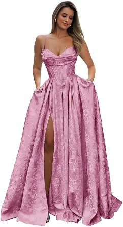 Satin Spaghetti Straps Prom Dresseses for Women Jacquard Aline Backless Formal Evening Party Ball Gowns with Pockets