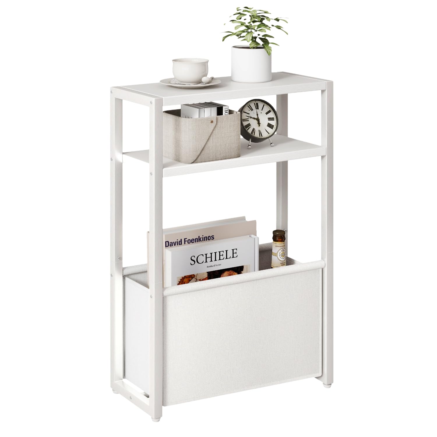 IBUYKE Narrow Side Table, Slim Side Table with Fabric Basket, 3 Tier Thin End Table for Small Spaces, Modern Sofa Table for Living Room, Bedroom,Office, White TMZ009W