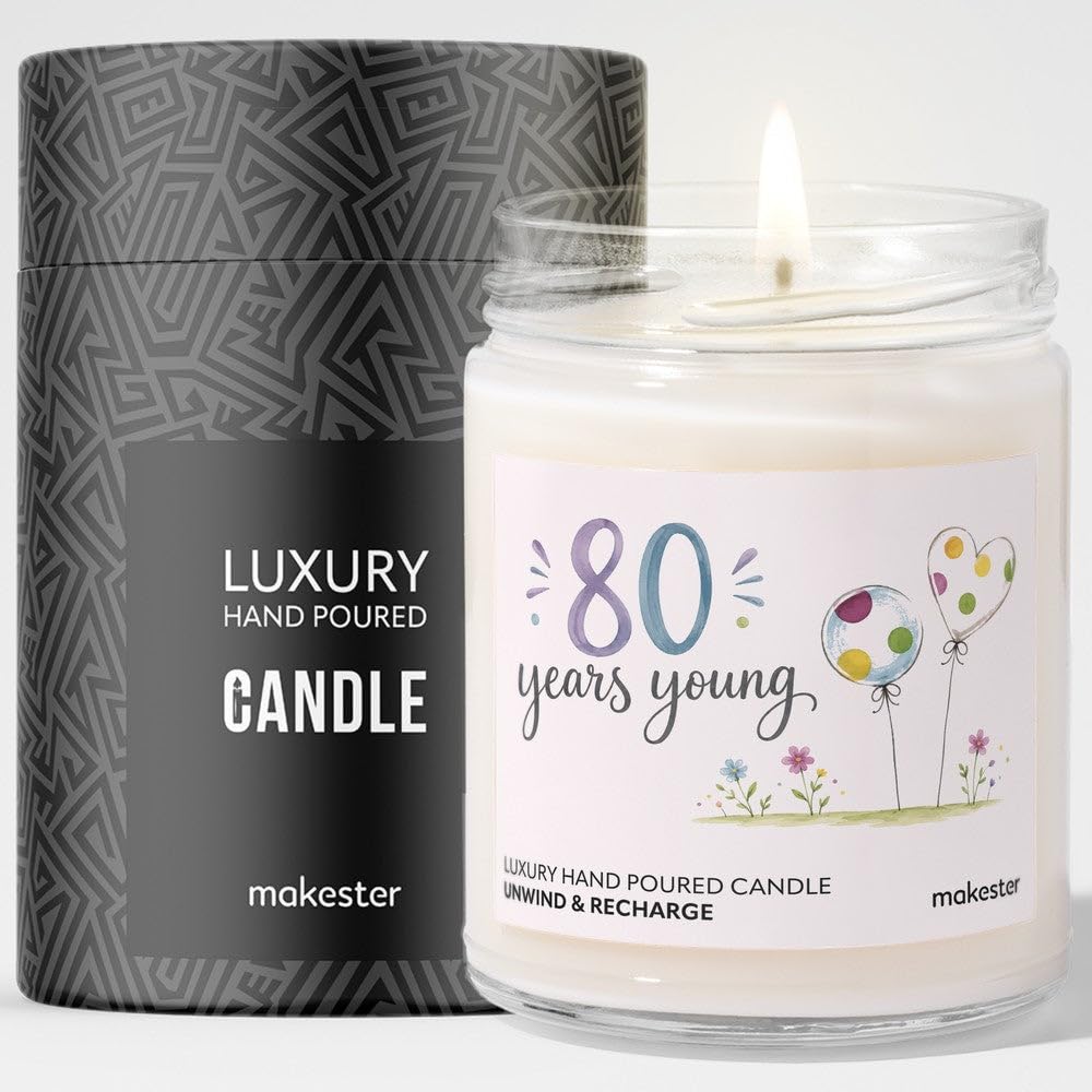 80th Birthday Gift - Luxury Soy Wax Candle - Vanilla, Jasmine, Sugared Almond - Makester — image 1