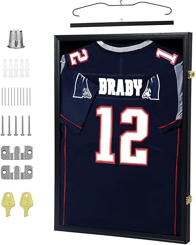 IHEIPYE Estuche de exhibición de jersey con cerradura, caja de sombra de jersey deportiva grande con 98% de protección UV acrílico y colgador para