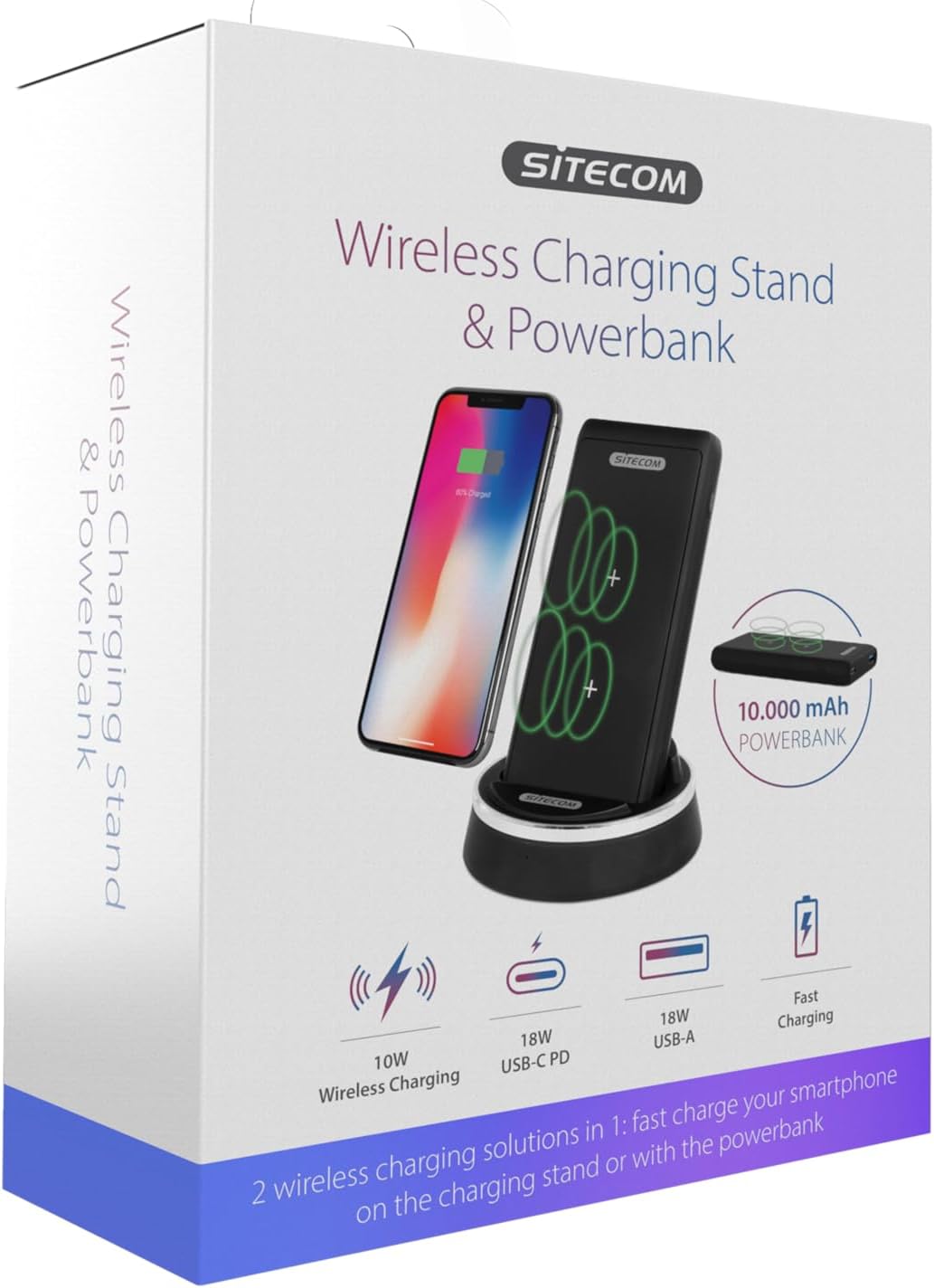 Sitecom CH-005 product packaging showing the wireless charging stand and power bank