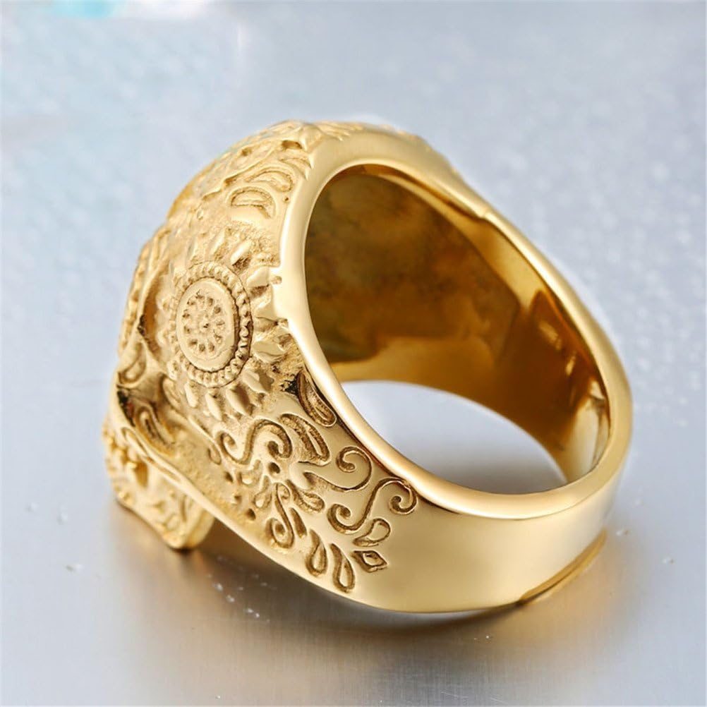 Men's Stainless Steel Silver Gold Gothic Cross Skull Ring Green Eye Vintage Flower Carved Halloween - Image 4
