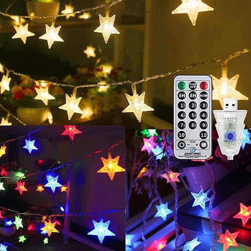 Solhice Guirnalda de luces de estrella de 40 pies, 120 LED, luces parpadeantes que cambian de color blanco cálido y multicolor, luces colgantes