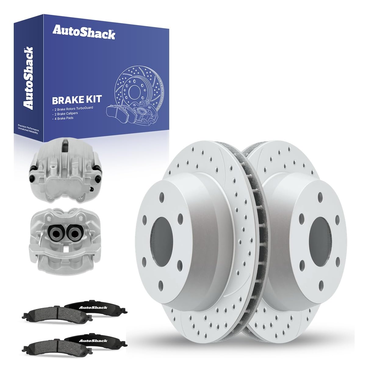 AutoShack Rear Drilled & Slotted Brake Rotors Ceramic Brake Pads Calipers Replacement for Chevrolet Suburban 1500 Tahoe GMC Yukon XL 1500 4WD RWD
