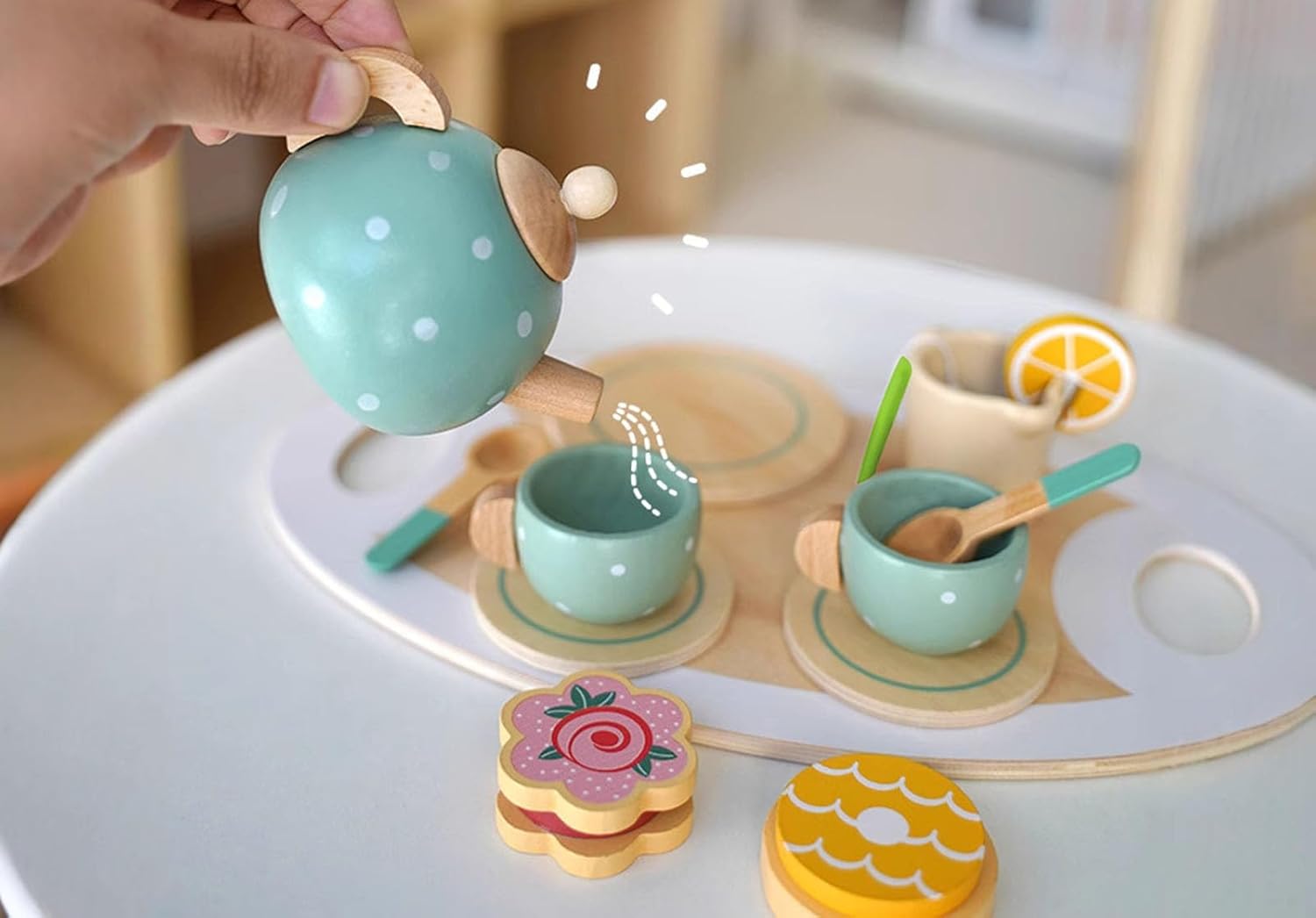 Wooden Afternoon Tea Pretend Play Kitchen Set, Kids Simulation Tea Party Toy with Teapot Cups & Desserts