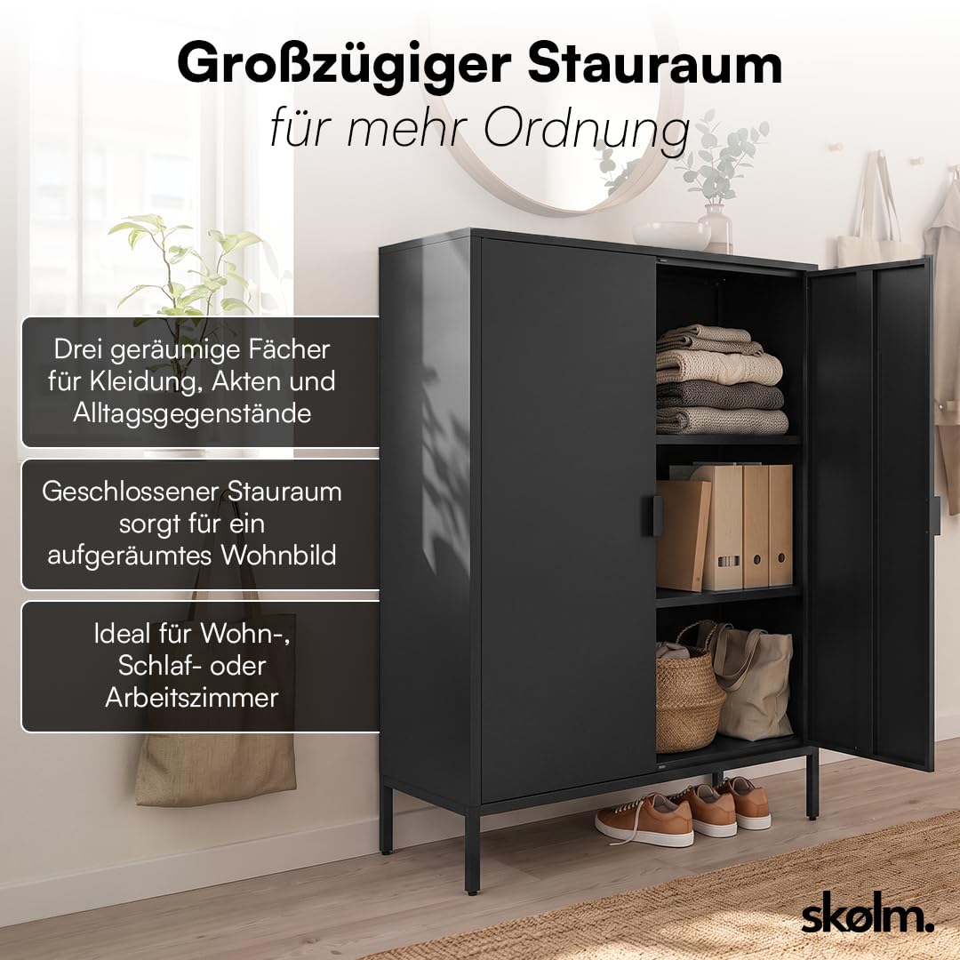skølm Ituri Metall Kommode – Metallschrank mit 3 verstellbaren Fächern – Sideboard Wohnzimmer Schwarz – Aufbewahrungsschrank aus Stahl – Highboard im Industrial Design – Büroschrank/Flurschrank