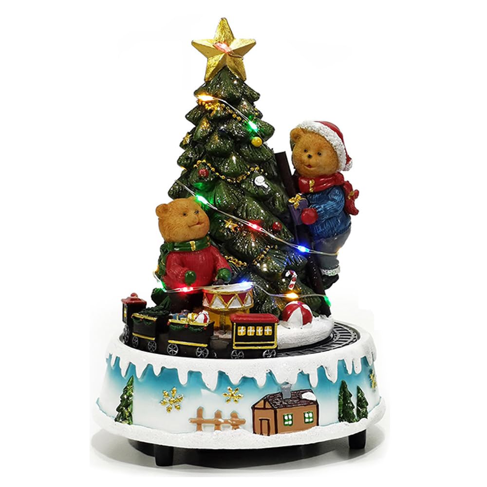Giostra Carillon Natalizia con Luci Suoni Trenino in Movimento Villaggio Albero con Stella Oro Orsetti H.21,5 cm Decorazione Natale in Scatola Regalo