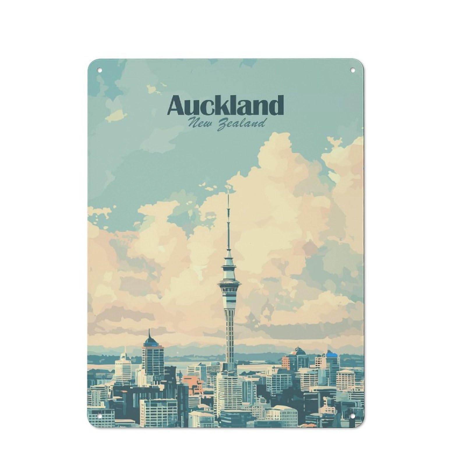 Junmoney Style-15 Workshop Style Garage Metal Sign 40X30cm Featuring Auckland New Zealand Skyline Art, Industrial Wall Art For Workshop, Basement, Shed Or Games Room