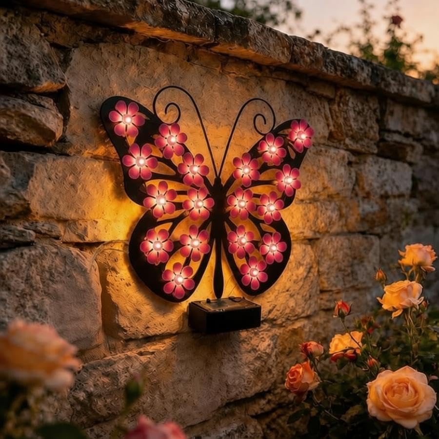 Solar Light Metal Outdoor Butterfly Wall Art Metal Durable Solar Butterfly Lights Decor Waterproof Garden Wall Decorations with Soft LED Flower Lights for Garden Fence Patio Porch Yard (Pink*1)