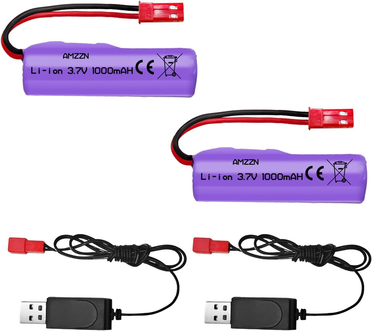 YUNIQUE GREEN-CLEAN-POWER 2 baterie litowo-jonowe 3,7 V 1000 mAh ze złączem JST-2P + ładowarka USB - kompatybilne z Huina 1337 1338 1516 1517 RC pojazdy budowlane