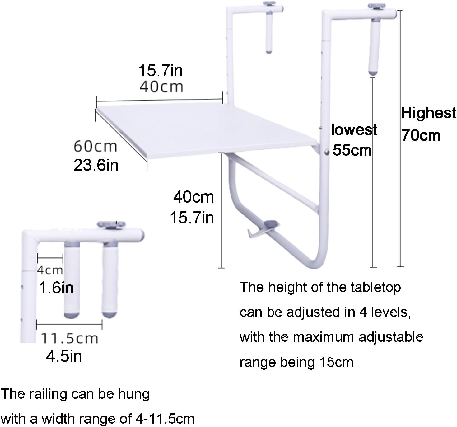 Space-Saving Gray Metal Railing Hanging Bar Table for Outdoor Balcony - Stylish Side Table for Small Spaces & Garden Decor