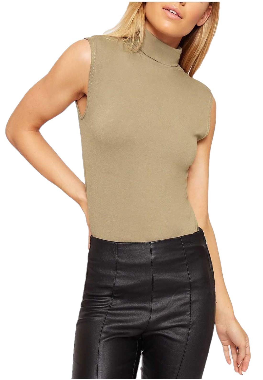 Womens Sleeveless Ladies Stretch Turtle Polo Roll Neckline Vest Plain T-Shirt Jumper Top (Mocha, 16-18)