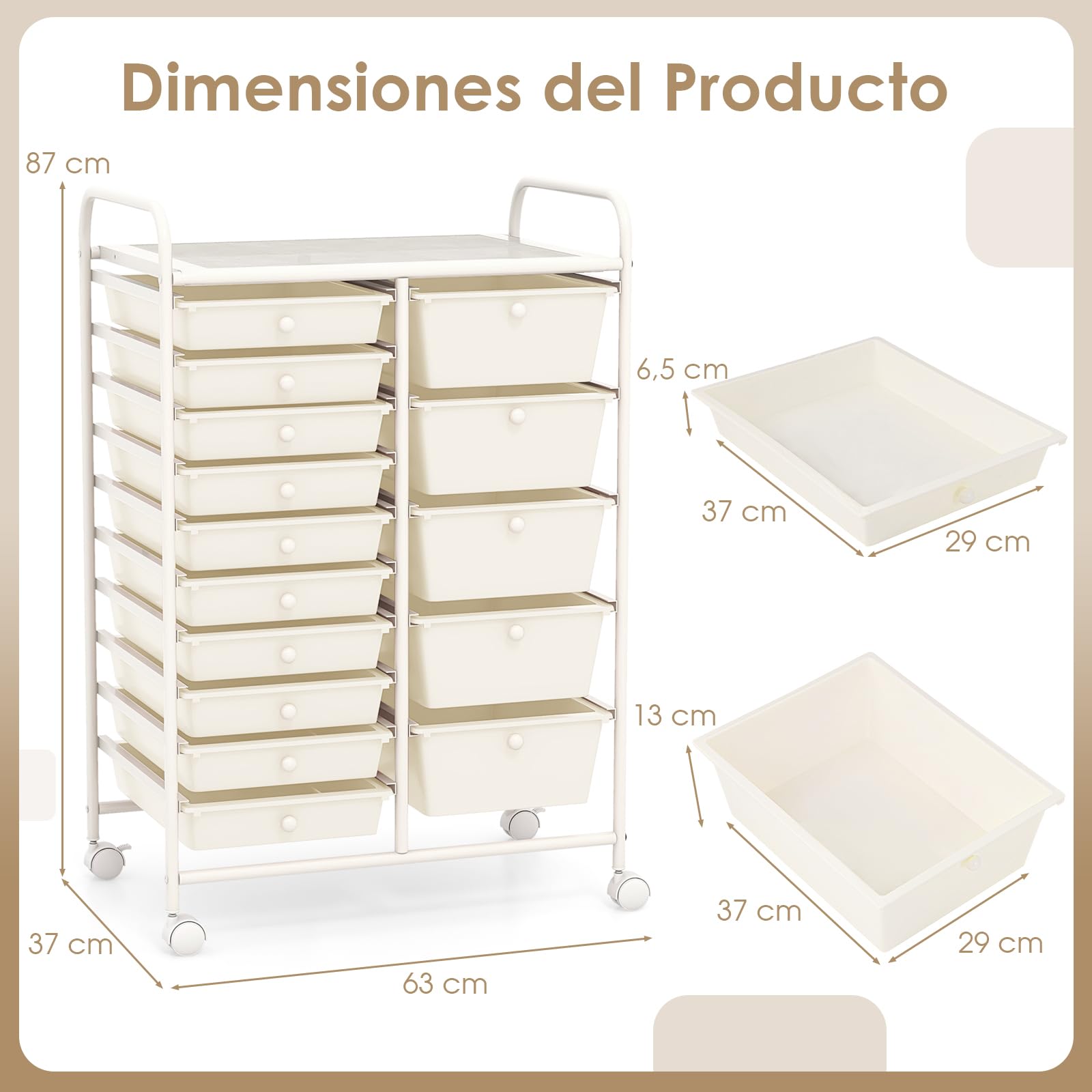 GOPLUS Carrito Auxiliar con 15 Cajones y Ruedas Giratorias Bloqueables, Carro de Almacenaje con Estructura de Acero, Carrito de Utilidad para Oficina Casa, 62.5 x 37 x 87 CM (Blanco)