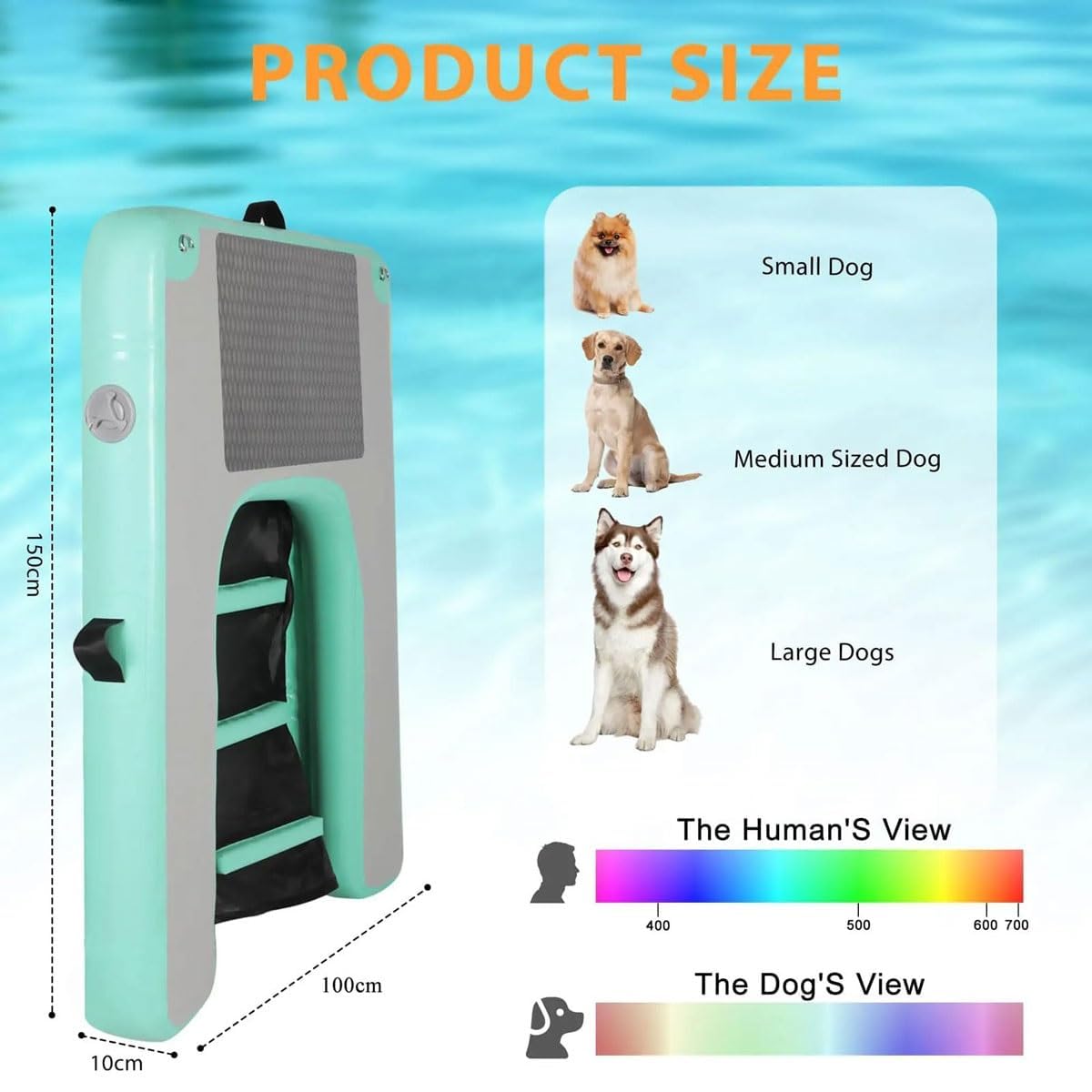 Rampa gonfiabile per piscina per cani, scala galleggiante con pompa, corda e kit di riparazione, supporta fino a 51,3 kg, ideale per cani in piscina, barche, laghi o mare