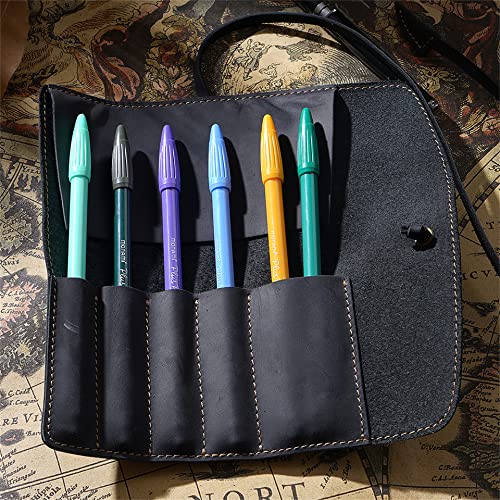 Image of Vintage Genuine Leather Pencil Roll - Pencil Storage Case /Pouch Organizer Handmade (Black)