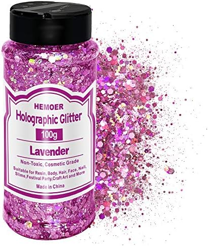 HEMOER Holographic Chunky Glitter, 100g Silver Chunky Sequins Glitter, Cosmetic Craft Glitters for Resin, Face, Nail, Body, Crafts, Slime Festival Party Art and More-3.52oz/Bottle