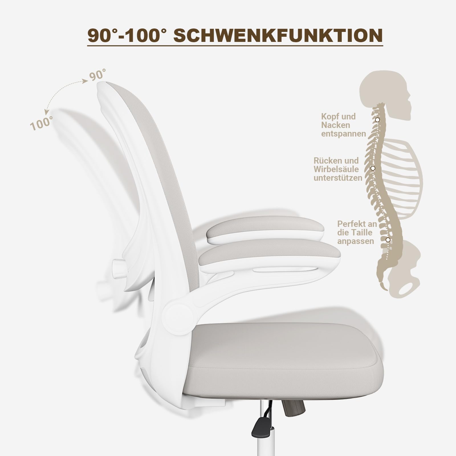 MELOKEA Schreibtischstuhl mit bionischer 4D-Lendenstütze und Klapparmlehnen | Bürostuhl Ergonomisch mit 100° hochklappbarer Armlehne, Office Chair Höhenverstellbar, Mesh Computerstuhl, Grau beige